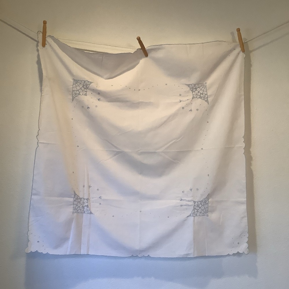 Vintage Tablecloth Embroidered Table Topper Light Blue Floral Embroidery 33x34